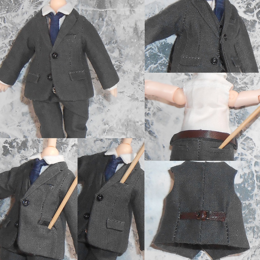 ねんどろいどどーる 【身長調整用】 前閉じスーツセット グレー スリーピース ハンドメイド