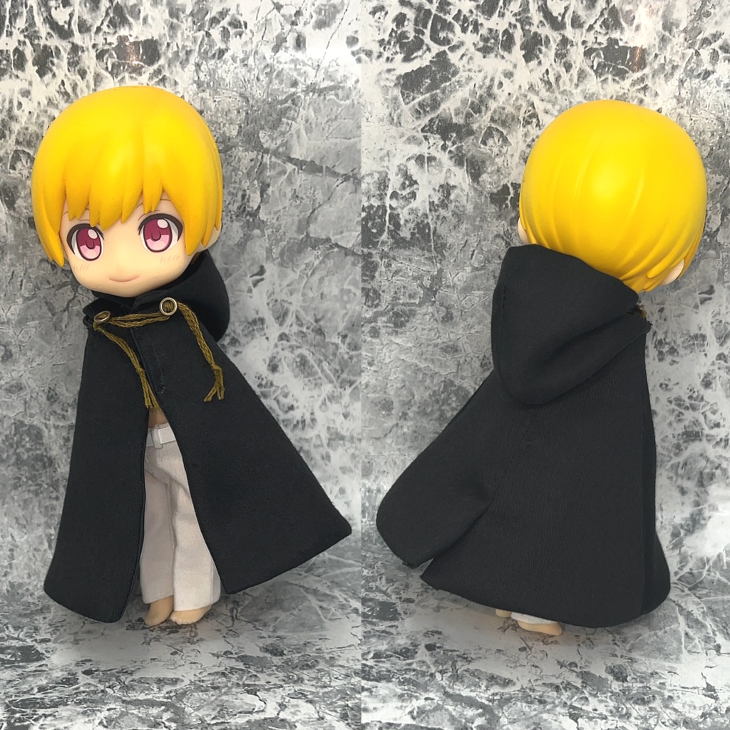 ねんどろいどどーる オビツ11用 マント コート ロングサイズ 外套 フード付き 襟付き 黒 ハンドメイド