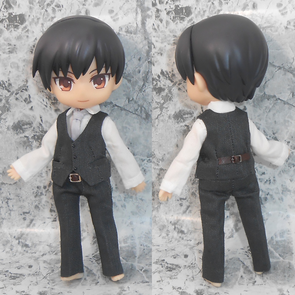 ねんどろいどどーる 【身長調整用】 前閉じスーツセット 濃グレー 綿麻混合生地 スリーピース ハンドメイド