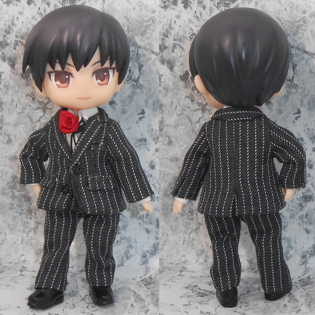 ねんどろいどどーる 前閉じスーツセット ストライプ 濃グレー チャコール ハンドメイド