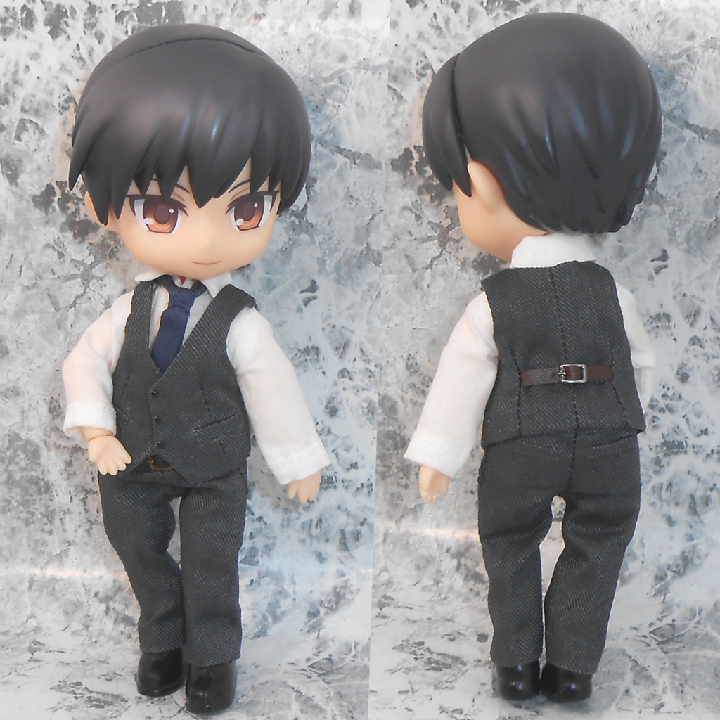 ねんどろいどどーる 前とじスーツセット 濃グレー 綿麻混合生地 スリーピース ハンドメイド