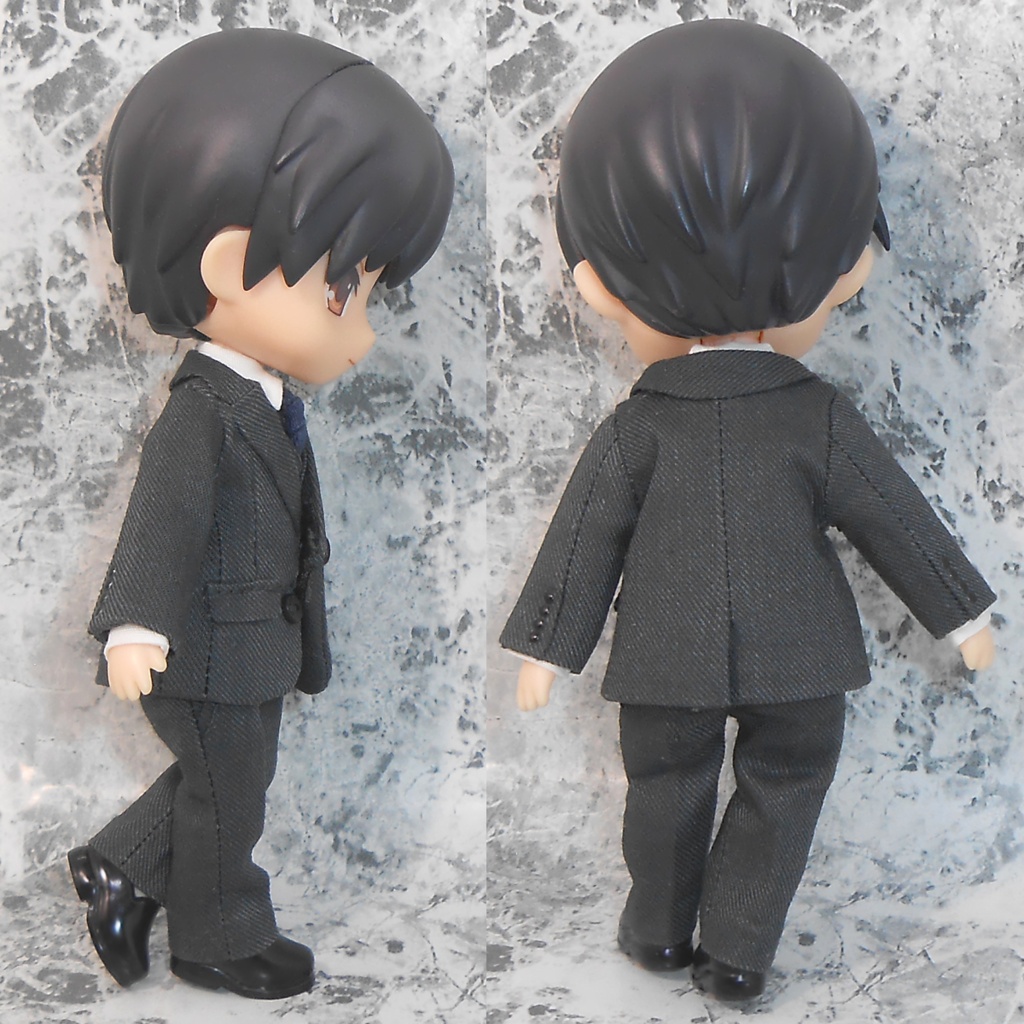 ねんどろいどどーる 前とじスーツセット 濃グレー 綿麻混合生地 スリーピース ハンドメイド