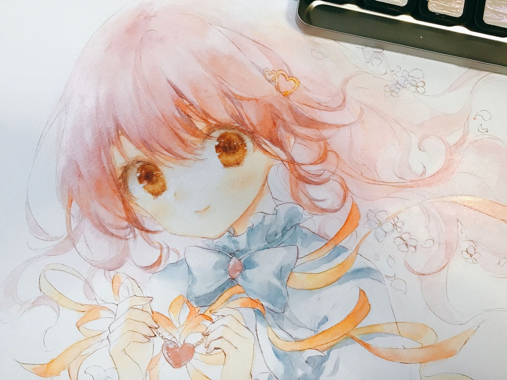 アナログ透明水彩原画「リボンとハート」
