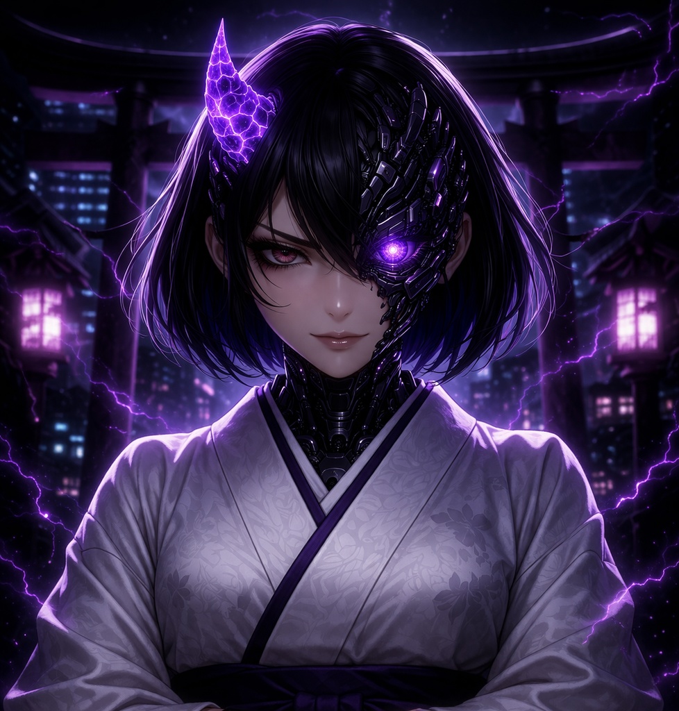 サイバー鬼巫女 – 紫ver | 和風×サイバーパンクイラスト