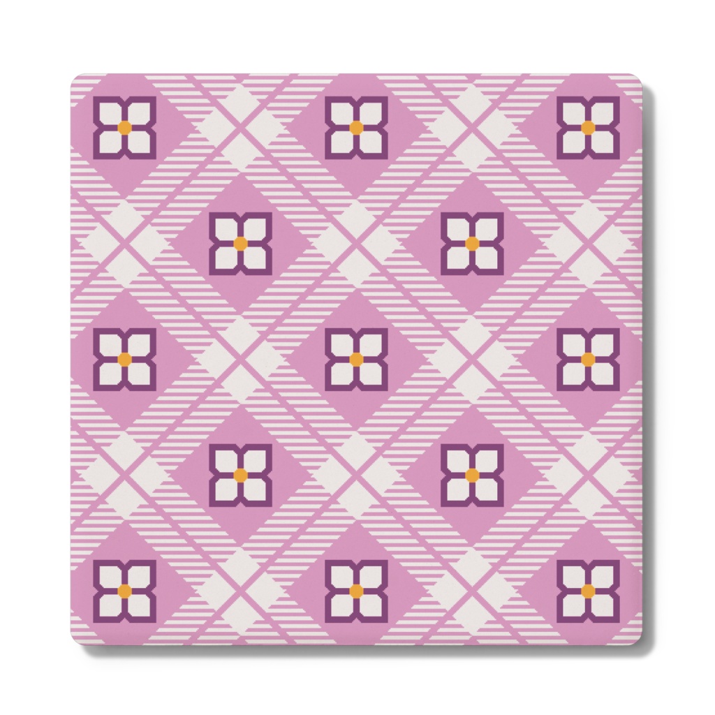 四枚花&チェック柄のコースター - 角形