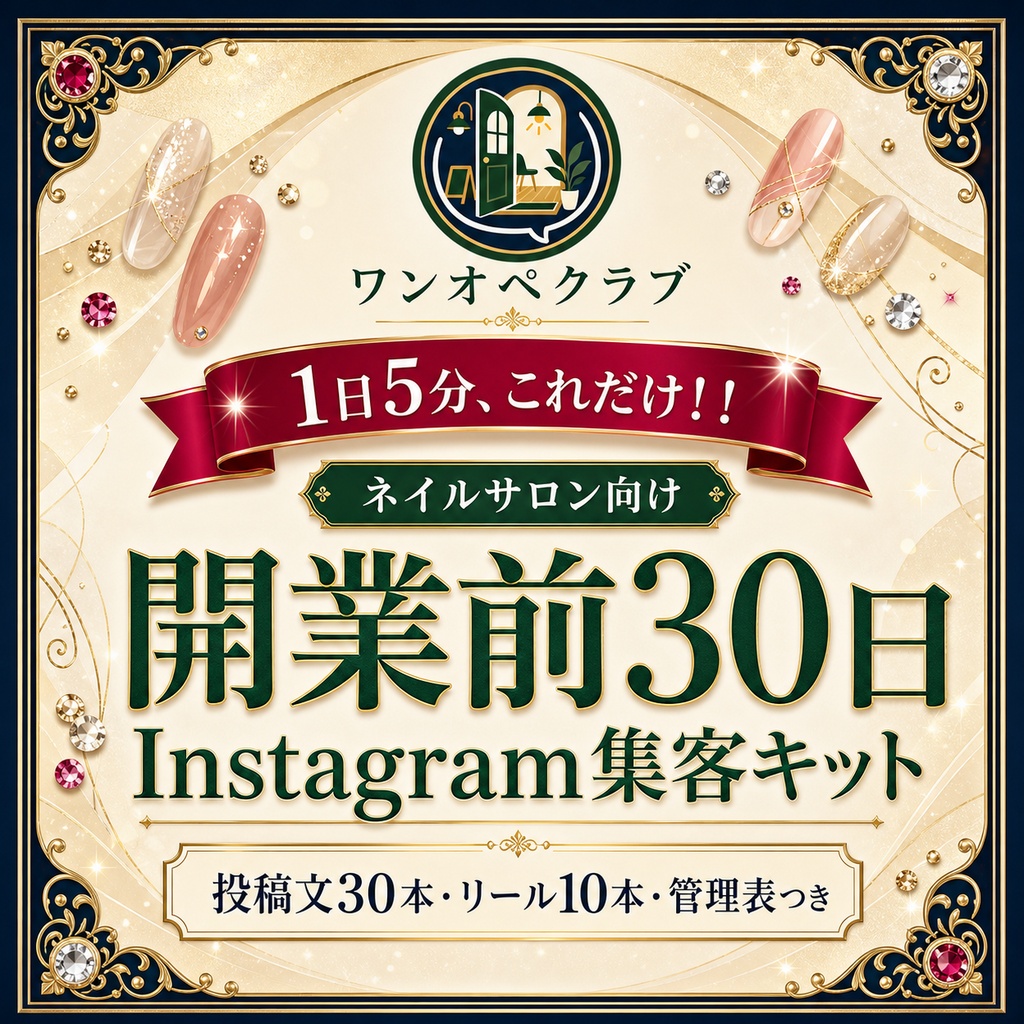 ネイルサロン向け|開業前30日 Instagram集客キット|投稿文30本・リール10本・管理表つき