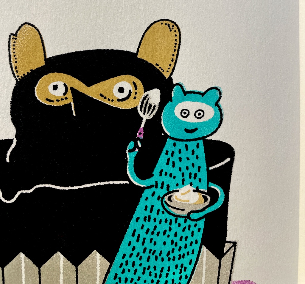原画「たぬきケーキに」(シルクスクリーン)個展「版画のもと。」より