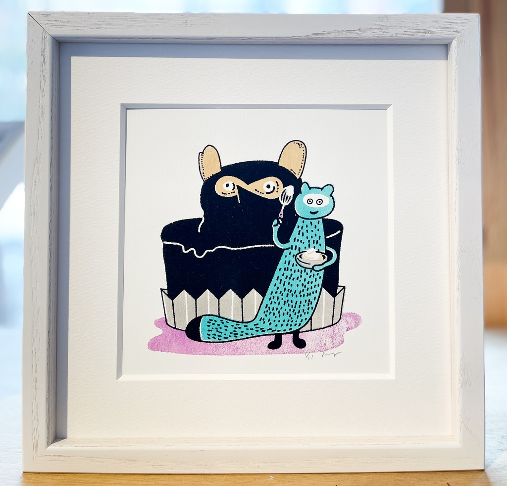原画「たぬきケーキに」（シルクスクリーン）個展「版画のもと。」より