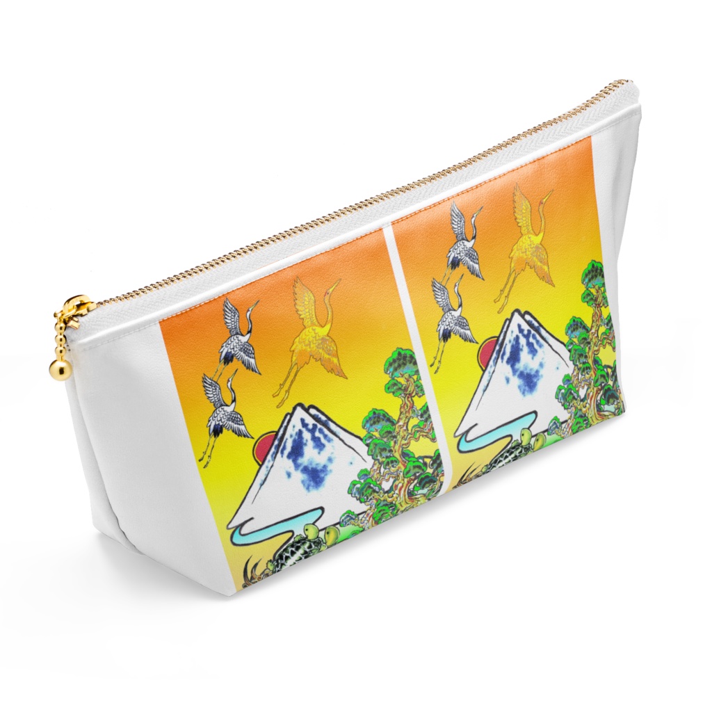 白ポーチ:黄金富士親子鶴亀-2