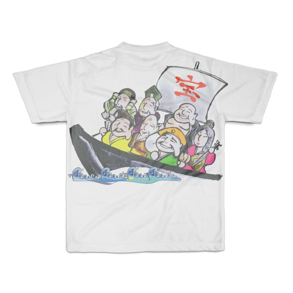 両面印刷・フルグラフィック白・縁起Tシャツ:七福神波