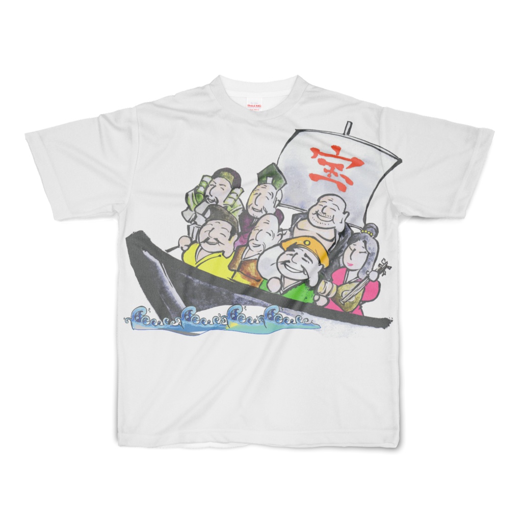 両面印刷・フルグラフィック白・縁起Tシャツ：七福神波