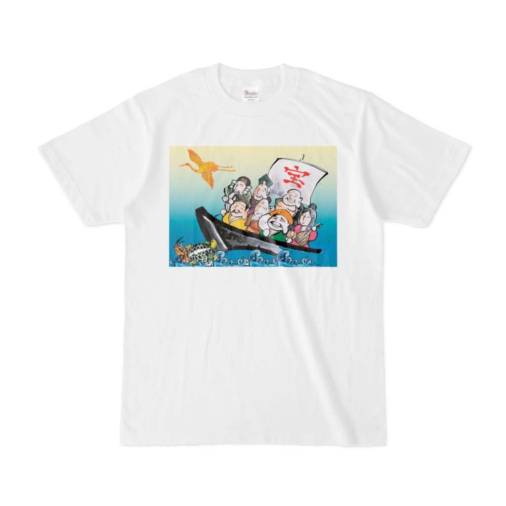 両面印刷・縁起Tシャツ・白:鶴亀七福神波2-A1