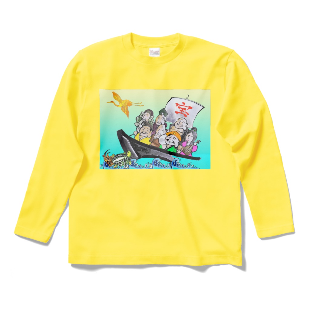 縁起長袖Tシャツ・黄両面印刷:七福神鶴亀波2-A1