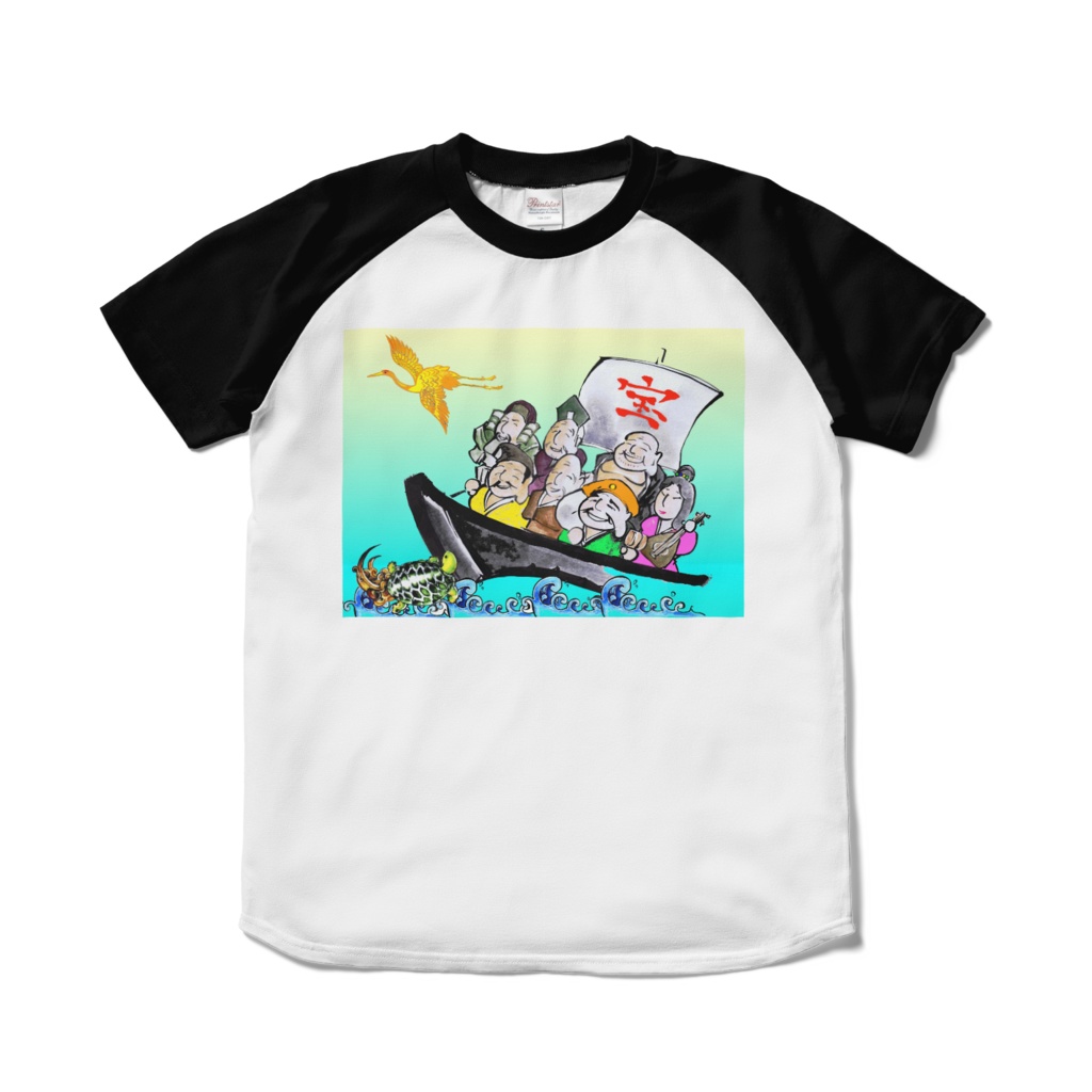 縁起ラグランTシャツ黒肩:黄金鶴亀七福神波