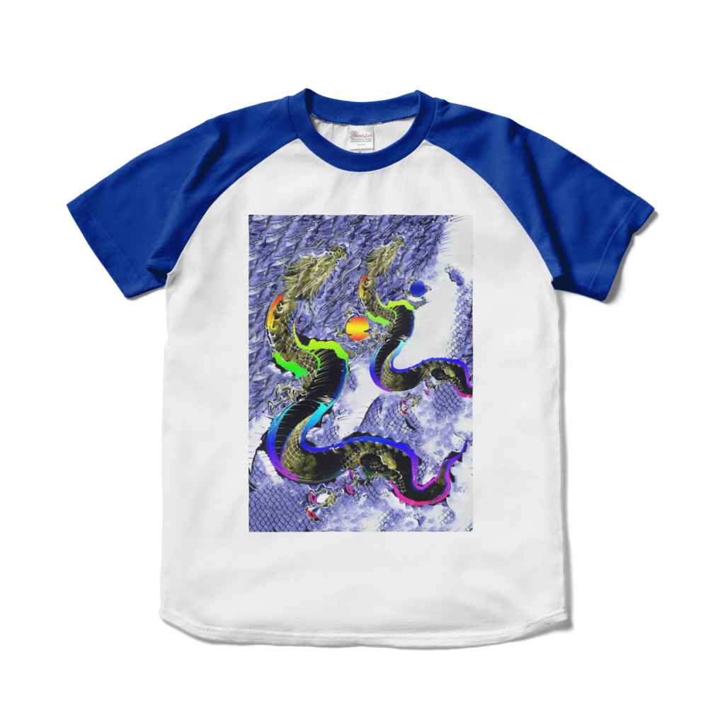 縁起ラグランTシャツ - S - ホワイト×ロイヤルブルー:二頭昇龍