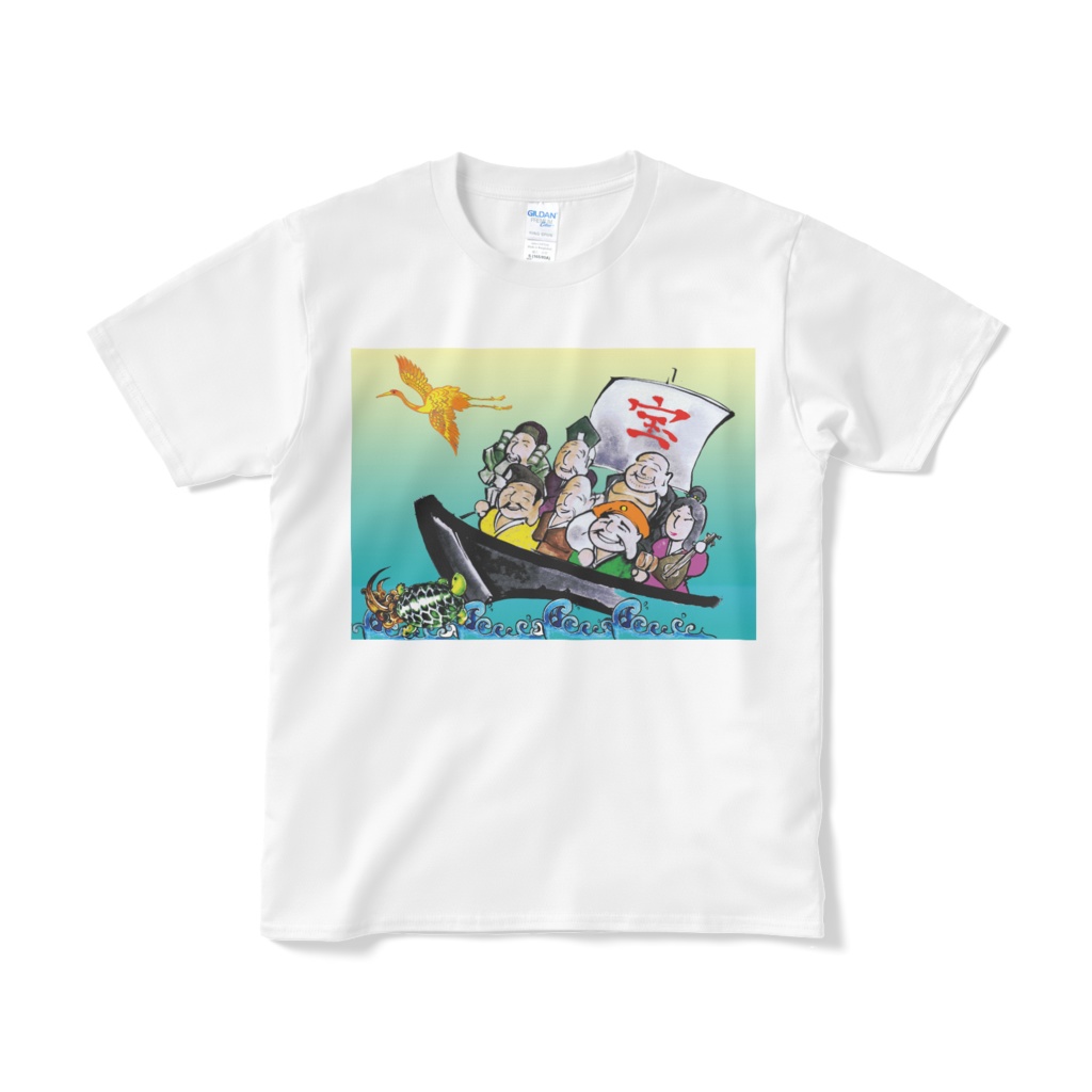 縁起Tシャツ（短納期）:黄金鶴亀七福神波