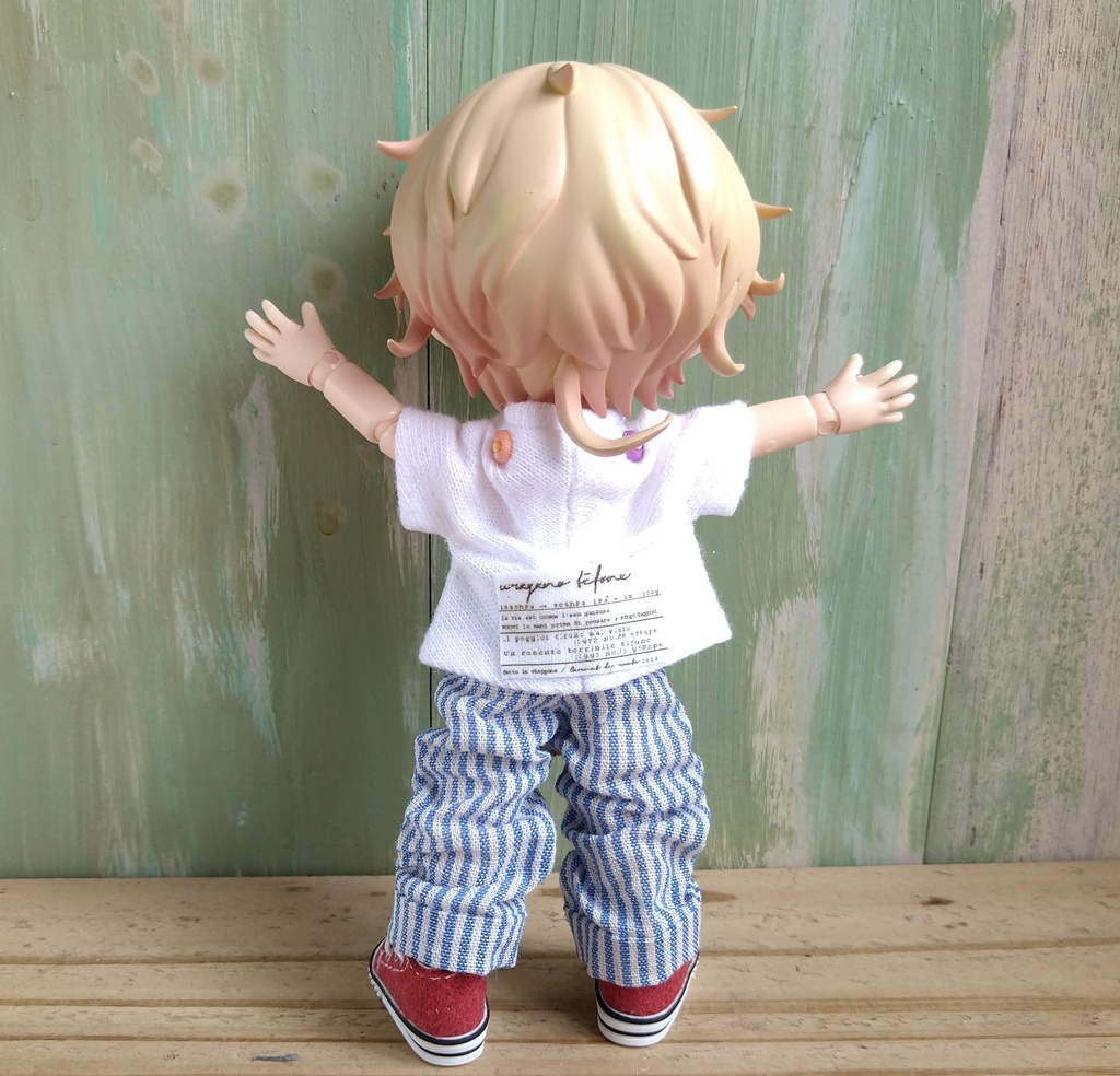 サックスブルー ストライプ コットンのルーズパンツ　服　オビツ１１ OB11