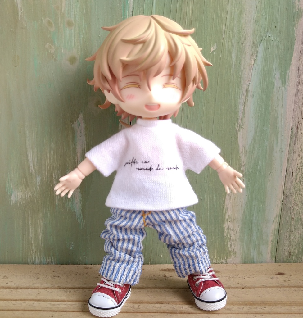 サックスブルー ストライプ コットンのルーズパンツ　服　オビツ１１ OB11