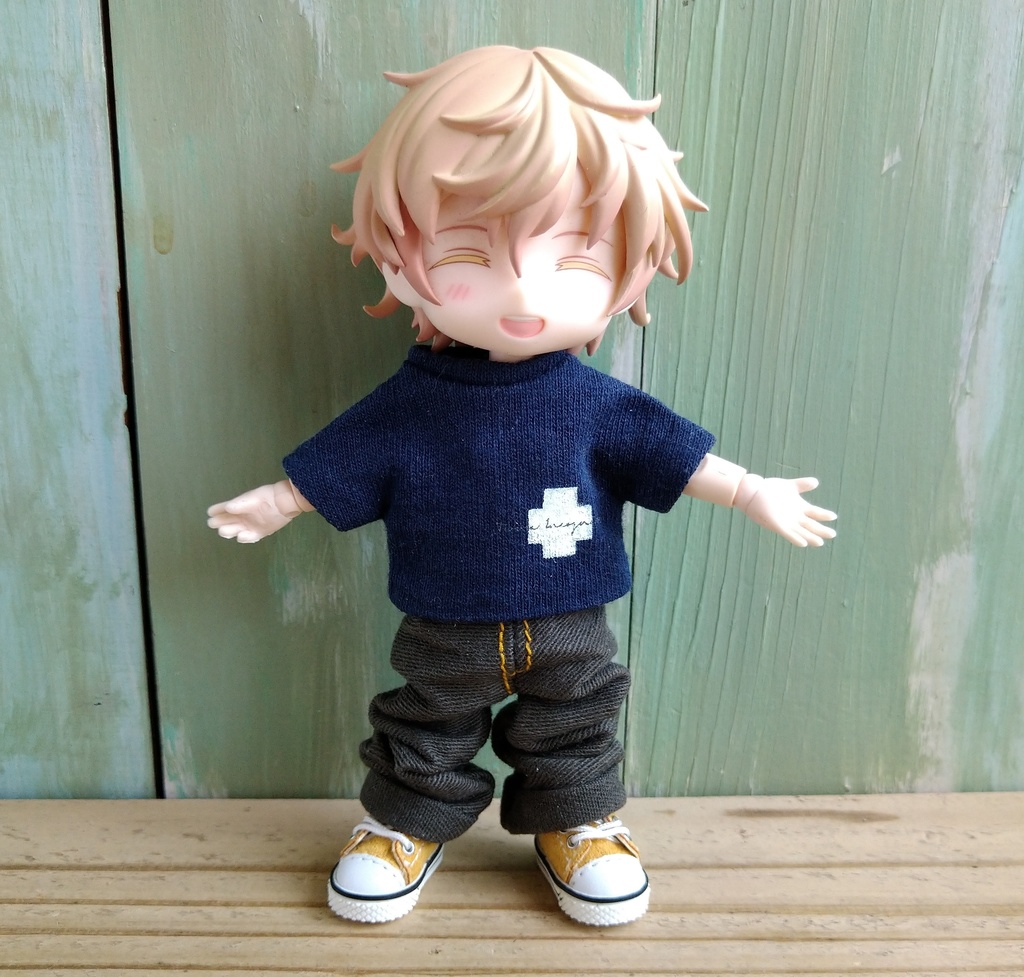 厚みのある生地  カーキ色チノクロス/ルーズパンツ　ロールアップデニム ライトネイビー 服 オビツ１１ OB11