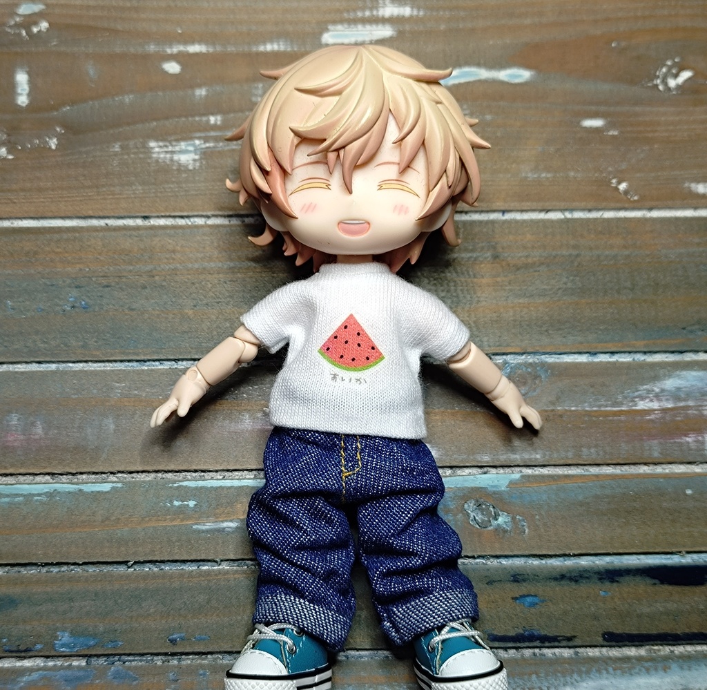 型紙改・アイロンプリントTシャツ💕  すいか 白地のTシャツ ob11 ねんどろい オビツ ドール 服