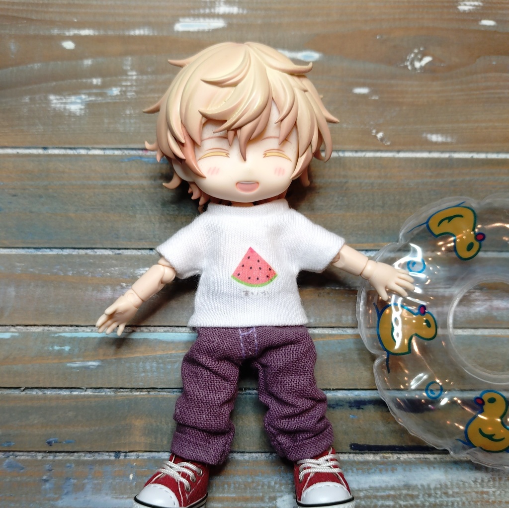 【試作Ｔシャツ・セットアップ】スイカのアイロンプリントロゴ T シャツ＆リネンのルーズパンツ オビツ１１ ob11 服 ねんどろいど