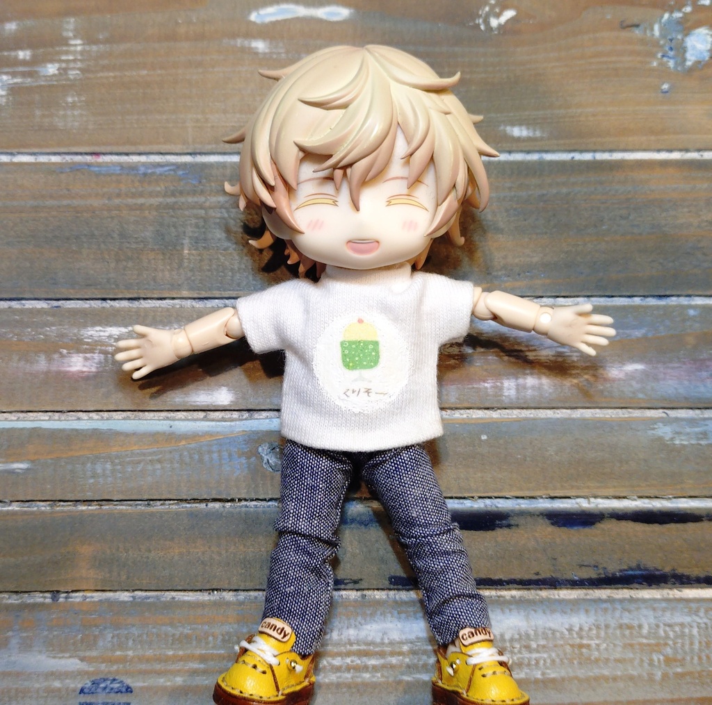 【試作Tシャツ・セットアップ】クリームソーダ🍹のアイロンプリントロゴ T シャツ&リネンのルーズパンツ オビツ11 ob11 服 ねんどろいど