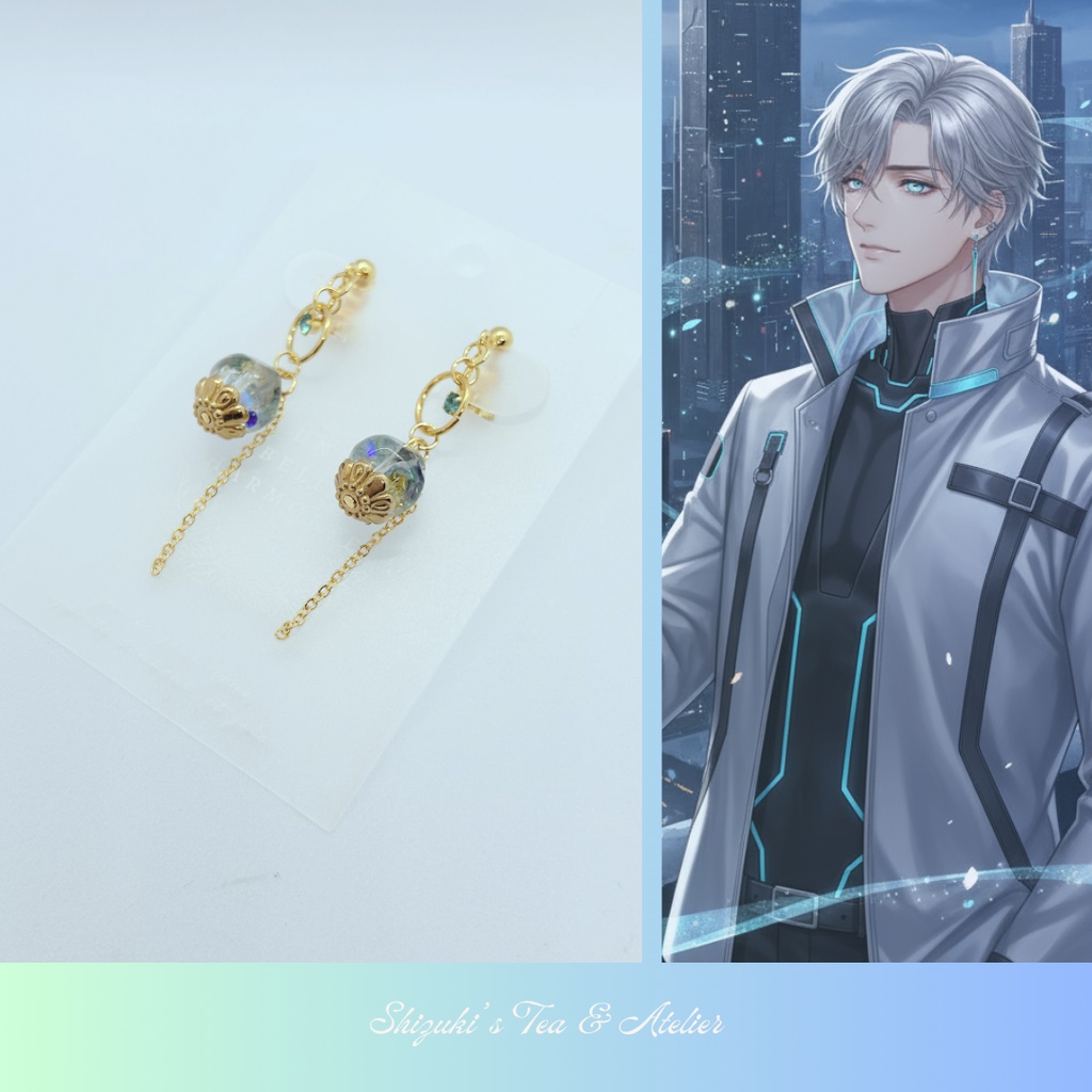 【12月誕生石:ブルージルコン】Blue Dome Drop ― 光記録の雫 ― (イヤリング/ピアス/イヤーカフ)080