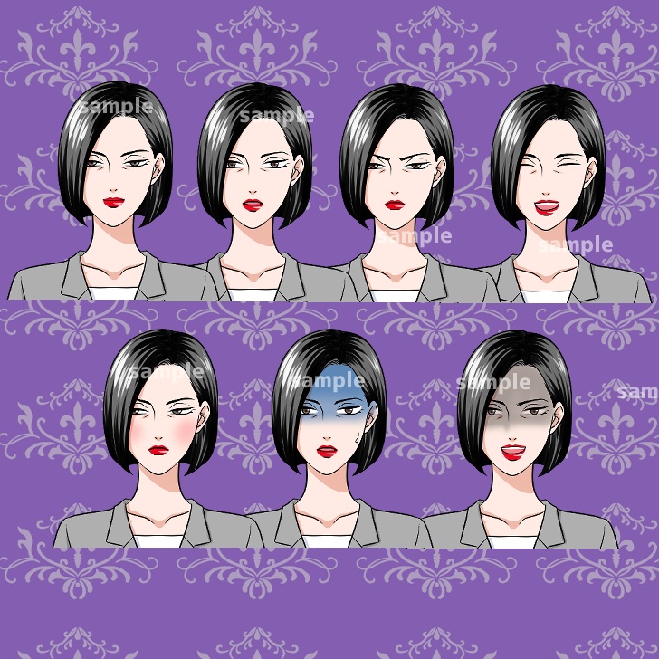 【無料あり】パンツスーツの中年女性の全身立ち絵【表情14種類】