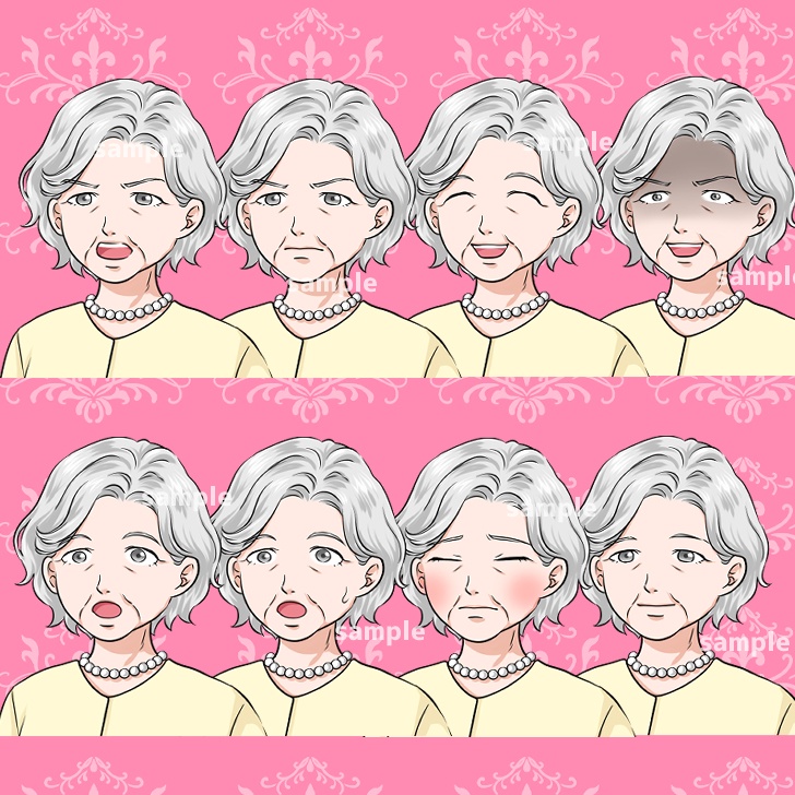 【無料あり】シニア女性(おばあさん)の全身立ち絵【表情16種類】