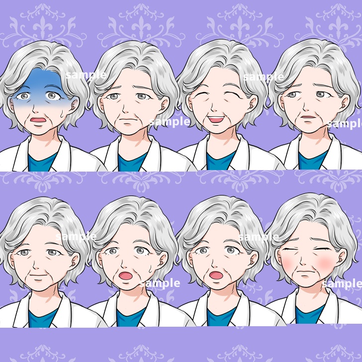 【無料あり】白衣のシニア女性(おばあさん)の全身立ち絵【表情16種類】