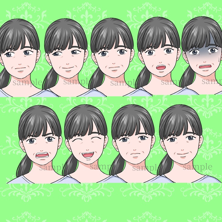 【無料あり】チュニックを着た中年女性の全身立ち絵【表情18種】