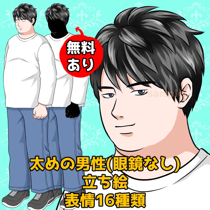 【無料あり】太った男性(眼鏡なし)の全身立ち絵【表情16種類】