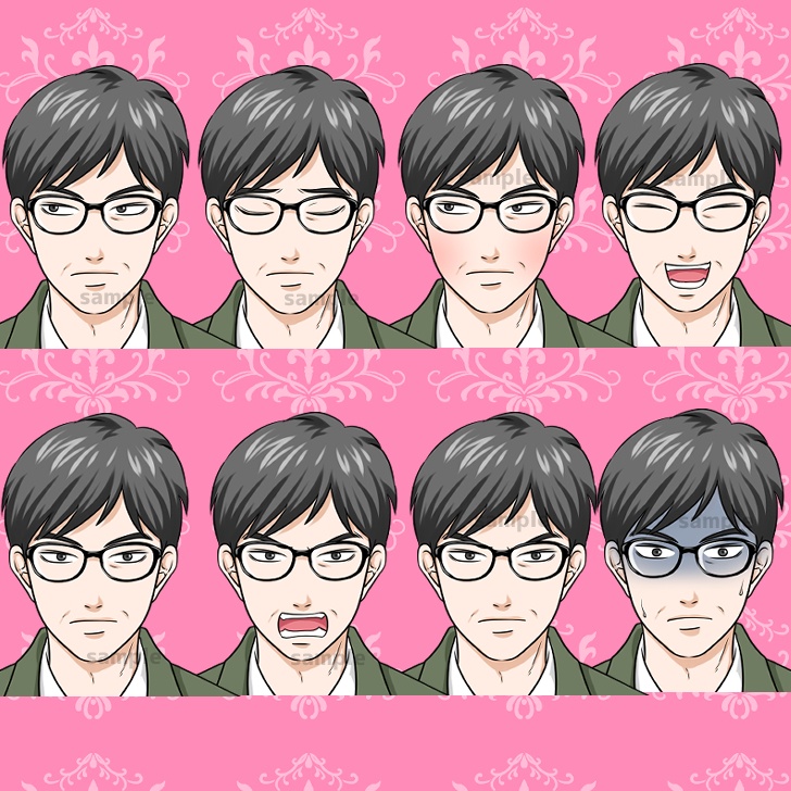 【無料あり】コートを着た眼鏡の中年男性(おじさん)の全身立ち絵【表情16種類】