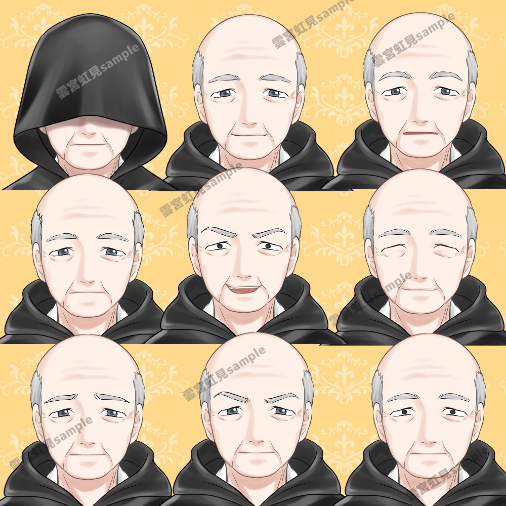 【無料あり】禿げたシニア男性の立ち絵 普段着と黒いローブの衣装2種