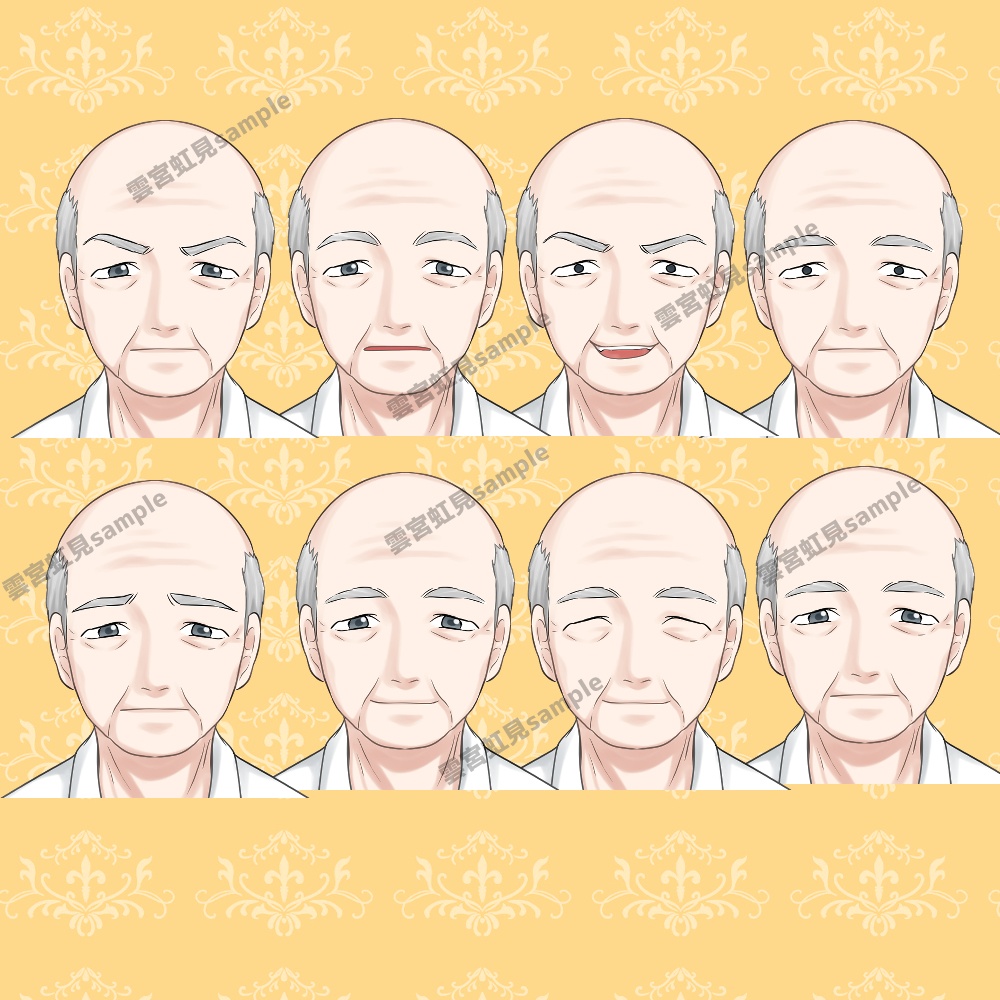 【無料あり】禿げたシニア男性の立ち絵 普段着と黒いローブの衣装2種