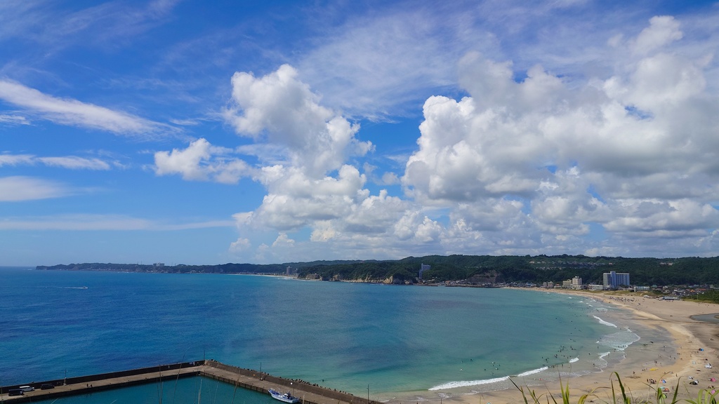 高台から聞こえる夏の音 – 蝉、波、そして海水浴客の楽しげな声