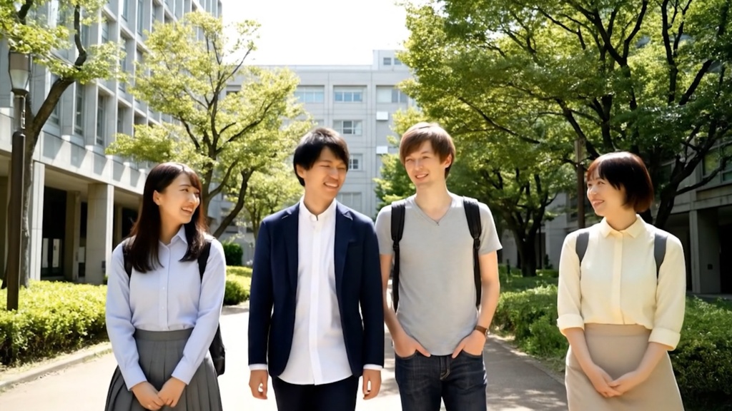 屋外で談笑する学生たちの笑い声