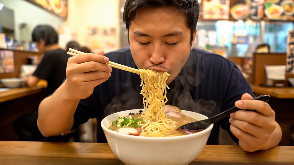 ラーメンをすする音 – 勢いあるリアル感