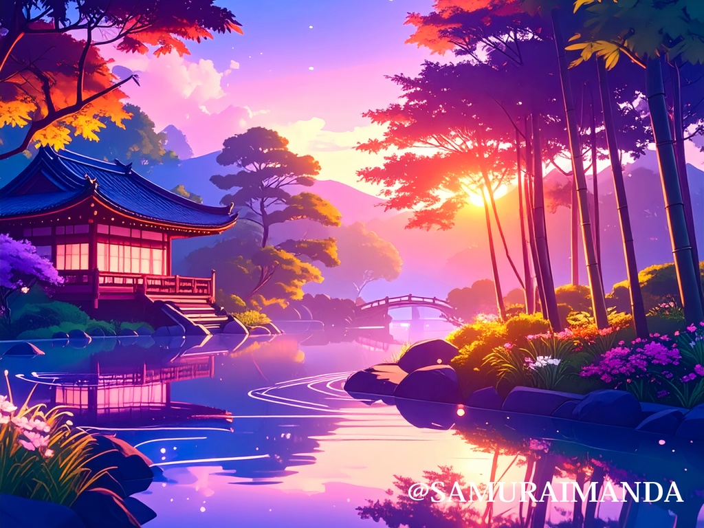 夕焼けの日本庭園（寺・橋・水面）背景素材｜5000px