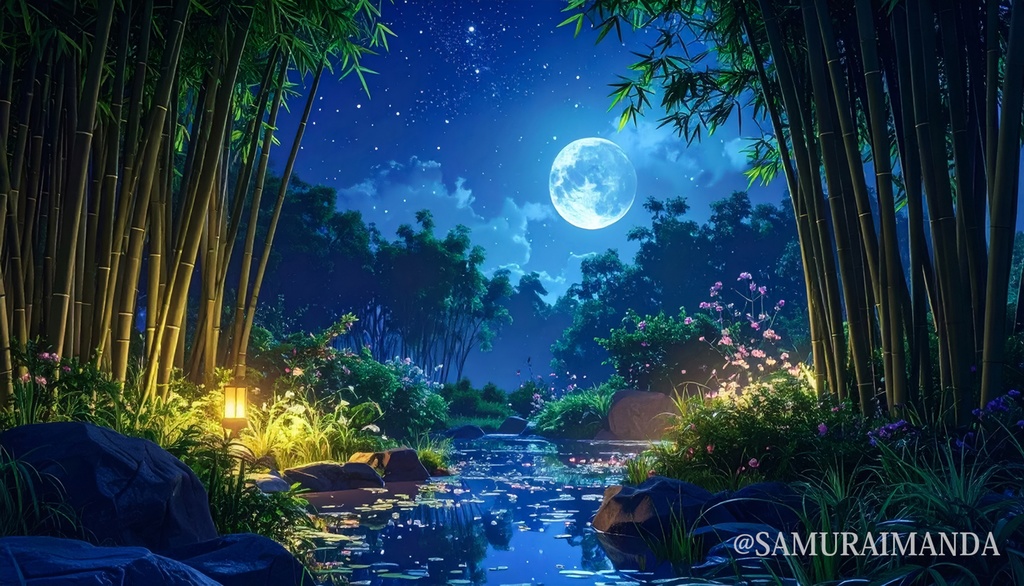 月光に揺れる竹林の水辺｜和風背景素材（5000px）
