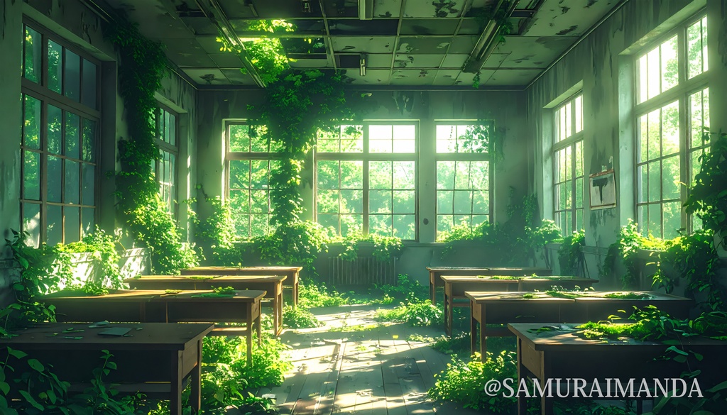 緑に侵食された廃校教室｜背景素材（5000px）