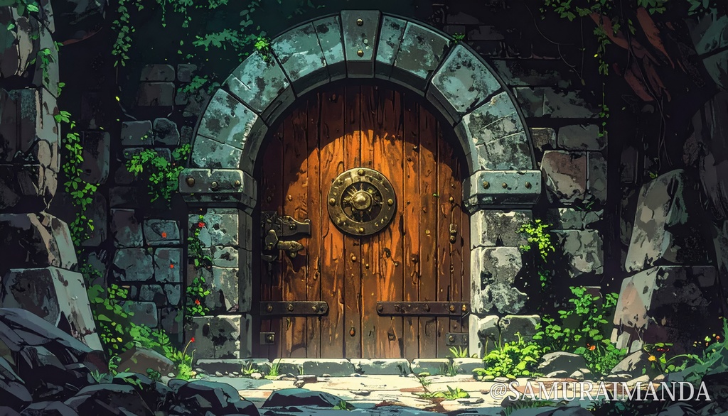 古きダンジョンの入口｜ファンタジー背景素材（5000px・16:9）｜