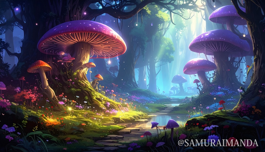 光るキノコの森｜ファンタジー背景素材（5000px・16:9）