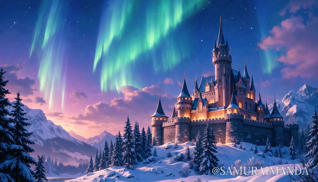 オーロラに輝く雪の王城｜背景素材（5000px・16:9）