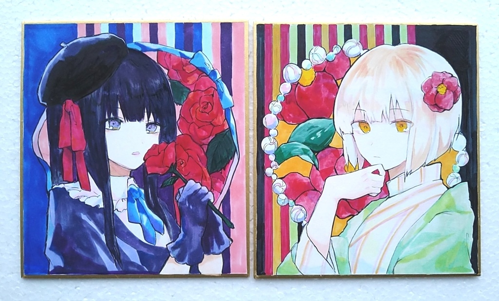 【原画】手描き色紙　椿・薔薇　二枚組　創作