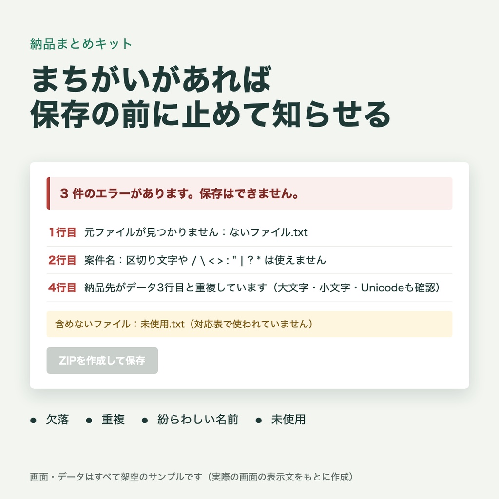 納品まとめキット|CSVの対応表どおりに、案件別フォルダーのZIPを作る(保存前に欠落・重複を確認)