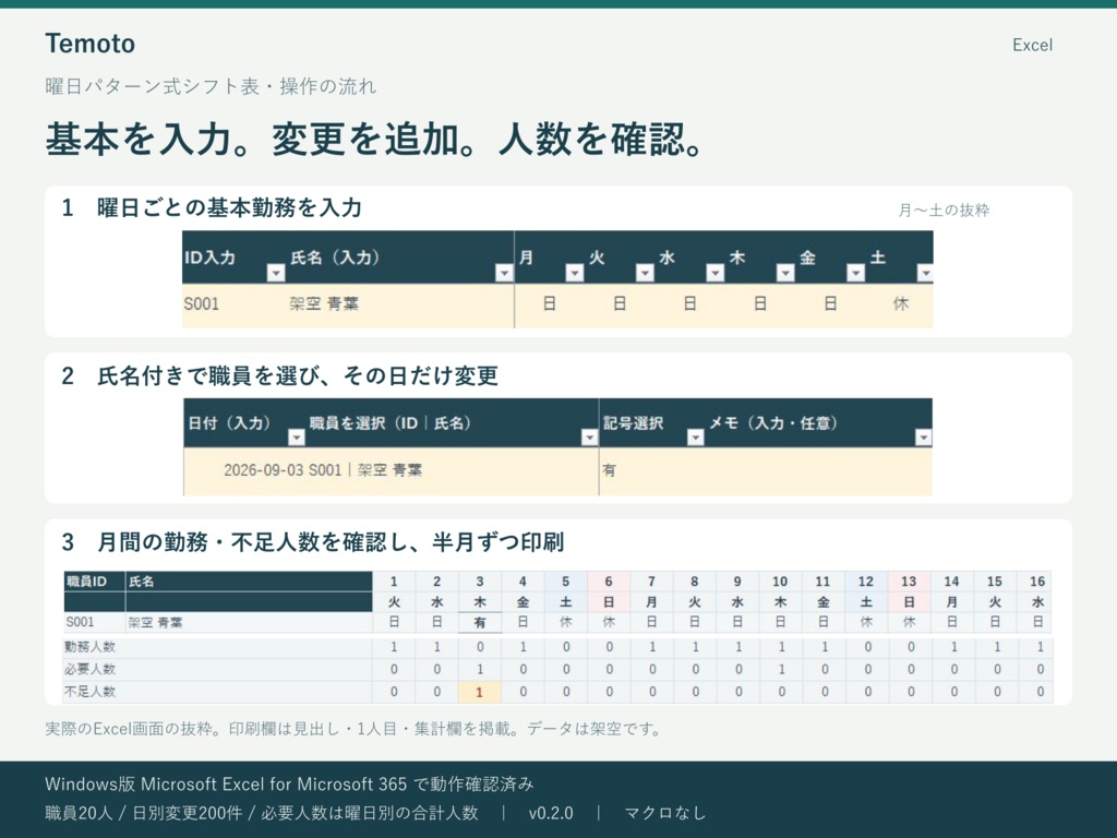 毎週の基本勤務+その月の変更で作る|Excelシフト表・20人