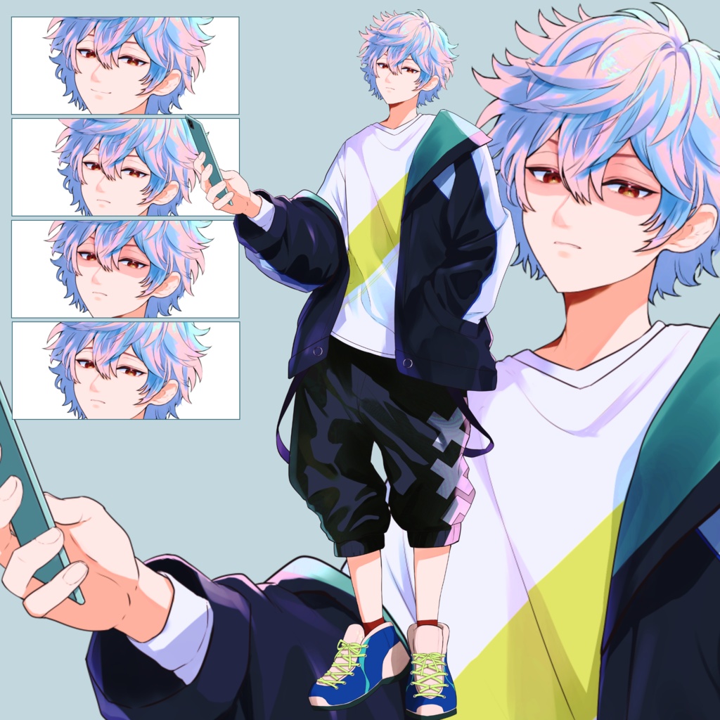 全身立ち絵素材N02【スマホを持った男子表情4種】