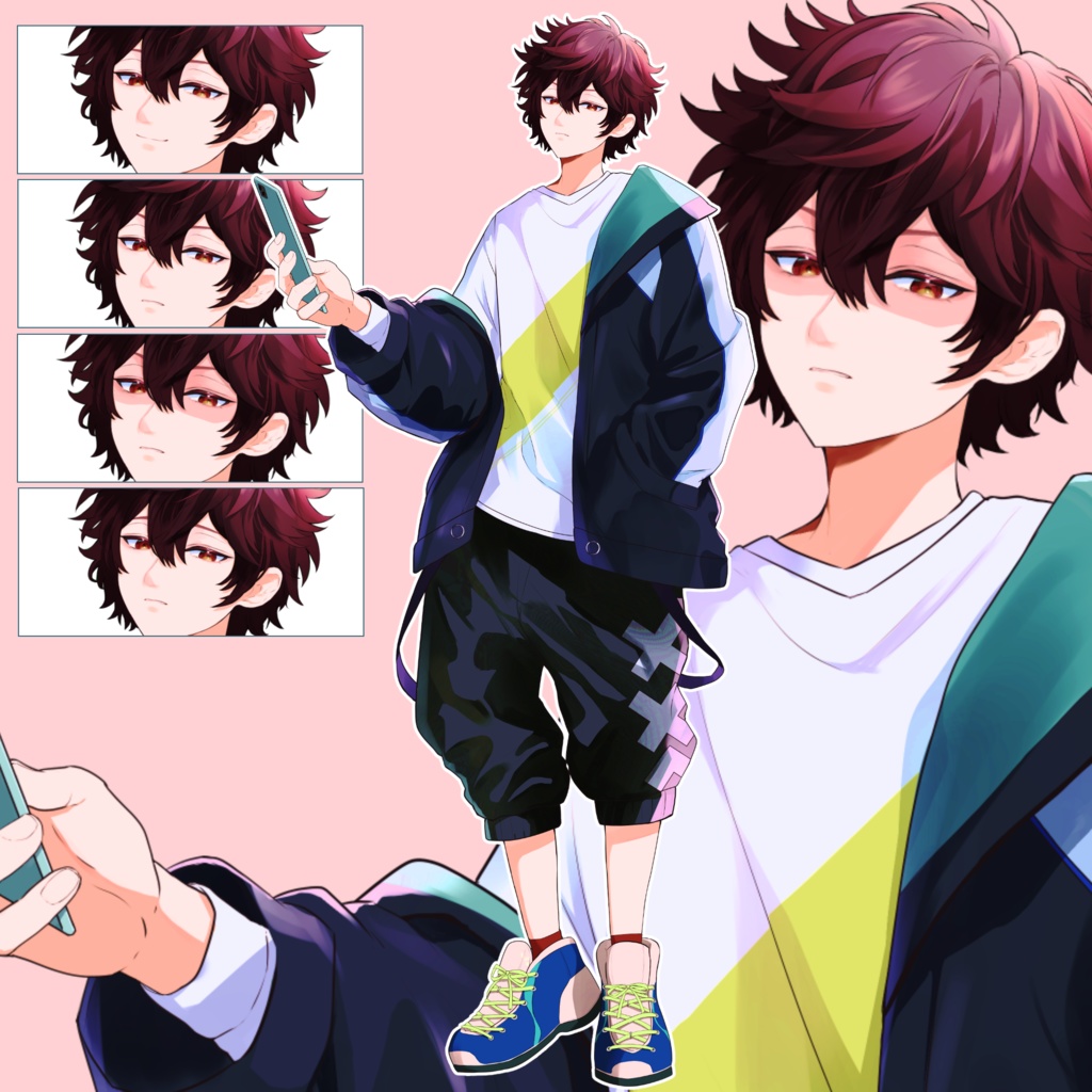 全身立ち絵素材N02【スマホを持った男子表情４種】
