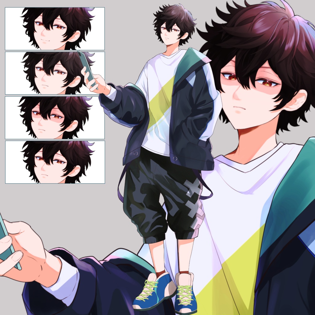 全身立ち絵素材N02【スマホを持った男子表情4種】
